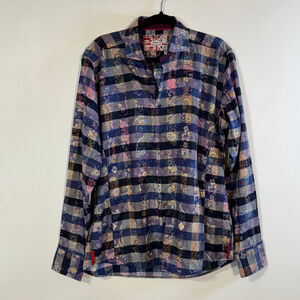 7 Downie St Button Down Shirt Men’s Large Blue Patchwork Paisley Long Sleeve